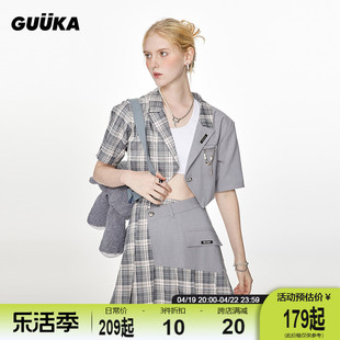 guuka格子拼接小西装外套女夏潮，短款露腰吴莫愁(吴莫愁)同款修身显瘦短裙