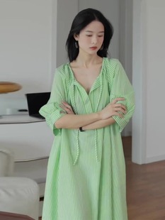 绿色条纹连衣裙网红梨型身材遮肚子减龄宽松显瘦法式裙子女夏