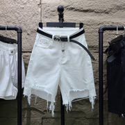 夏季白色破洞牛仔短裤，女宽松高腰，毛边裤脚直筒休闲五分裤中裤