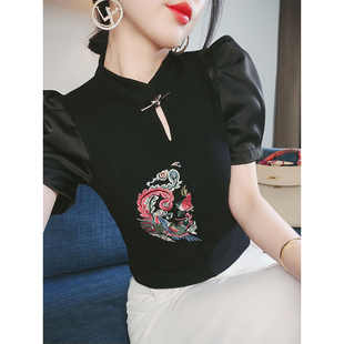 短袖t恤女2024设计感小众上衣，时尚显瘦中国风刺绣泡泡袖小衫