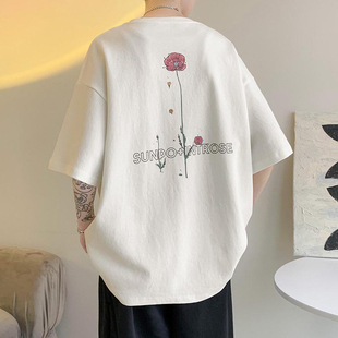 美潮涂鸦t恤男夏季hiphop小众设计感玫瑰，花卉半截袖chic纯棉短袖
