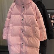 小雪家 纯色拉链按扣带帽防风收紧百搭保暖中长款白鹅绒羽绒服女