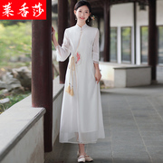 中国风女装禅意茶服夏季仙气年轻款古风汉服改良七分袖雪纺连衣裙