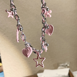 小众设计个性金属朋克缠绕珠珠流苏星星项链粉色土星潮颈链锁骨链