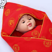 新生婴儿红色夹棉抱被宝宝喜庆棉花百福被子盖毯保暖抱毯包巾
