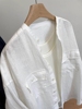 源衣社chao级!法式白色，亚麻防晒衬衫，女宽松长袖小立领上衣