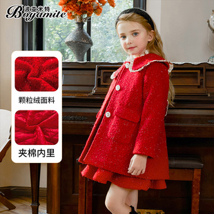 女童红色毛呢夹棉外套，冬季2023儿童，洋气中长款小女孩呢子大衣