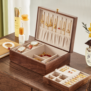 黑胡桃木首饰盒黄金项链耳，环珠宝盒防氧化饰品，收纳盒复古实木结婚