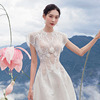 越南小众设计2023白色蝙蝠袖荷叶拼接刺绣镂空气质礼服连衣裙