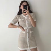 韩国chic夏季女装复古小众圆领撞色设计感修身包臀裙针织连衣裙女