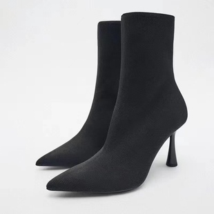 ZA2022年秋季女鞋黑色面料高弹力尖头细跟短靴女高跟靴袜子靴