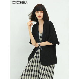 COCOBELLA设计师款肌理感黑色中袖西装女夏宽松休闲外套SI12