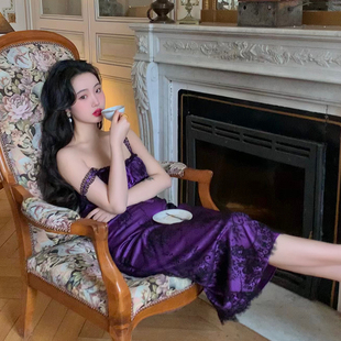 麓津自制《情迷紫罗兰》紫色连衣裙，夏季蕾丝吊带裙，公主裙仙女裙子