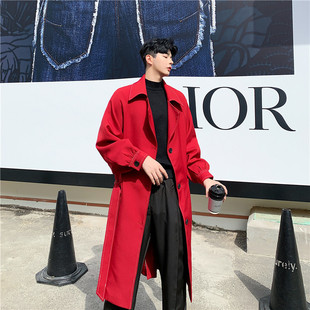 秋季韩国复古气质红色风衣，男过膝ins宽松时髦系带长款大衣外套潮