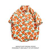 混搭商店alohashirts夏日清新橙色花朵肌理，纯棉短袖夏威夷衬衫