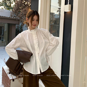 bestu时尚法式立领，白色衬衫女秋冬复古长袖纯色衬衣内搭上衣