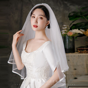 超仙简约白色钉珍珠包边头纱结婚造型写真旅拍照新娘缎面婚纱头饰