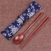和风木质勺子筷子布袋，套装勺筷三件套便携户外旅游一人用外带餐具