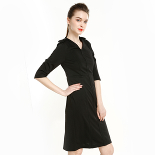 长款修身显瘦连衣裙肩章V领5分袖黑色OL气质欧美版型1362