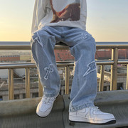 高街牛仔裤男夏季潮牌贴布直筒裤美式嘻哈街头大码阔腿拖地长裤子
