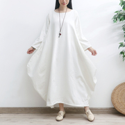 冬季加绒加厚长袖白色连衣裙女长款保暖宽松大码棉麻长袍西藏旅行