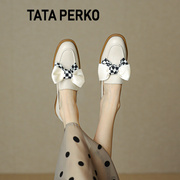 tataperko联名白色蝴蝶结单鞋，女法式乐福，鞋真皮玛丽珍鞋
