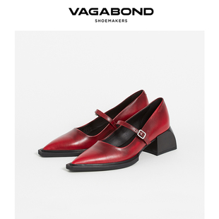 vagabondvivian女士牛皮尖头，玛丽珍鞋红色，复古法式单鞋高跟鞋