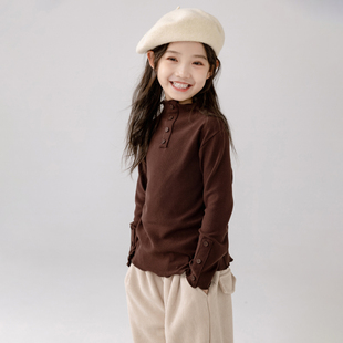 女童秋冬季纯棉半高领打底衫儿童中大童学生简约时尚一体加绒T恤