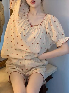 睡衣女夏季泡泡袖，短袖套装网红可爱小樱桃撞色花边睡裙家居服