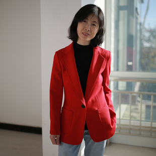 中国红西装外套女弹力抗皱不变型不起球单层无垫肩大红色针织西服