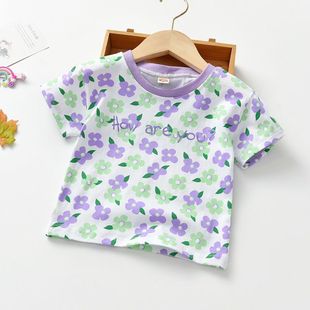 女童短袖t恤夏装韩版女宝宝，洋气纯棉薄款碎花，t恤女孩半袖上衣