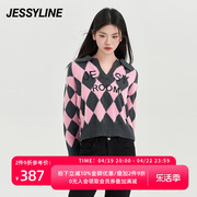 杰茜莱灰红色格子v翻领针织衫女装春秋季套头毛衣 jessyline