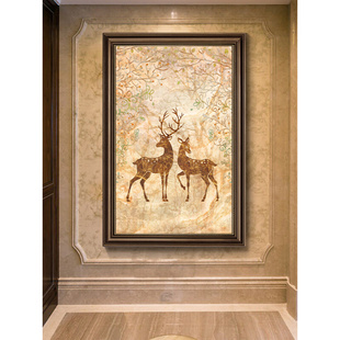 玄关装饰画欧式风格麋鹿小尺寸竖版走廊挂画过道壁画美式客厅油画