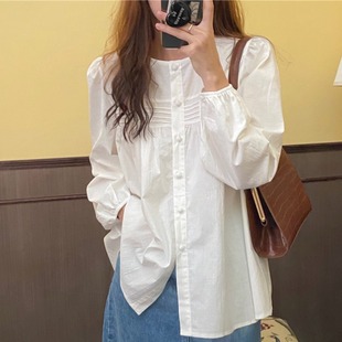 韩国chic法式小众压褶设计气质圆领，纯色简约宽松泡泡袖衬衫上衣女