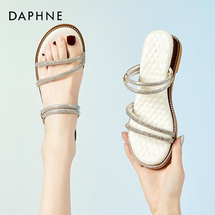 达芙妮坡跟罗马凉鞋女2024夏季外穿平底仙女风水钻两穿凉拖鞋