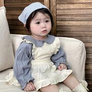 韩国春秋款宝宝排扣长袖小格子连体衣女婴儿裙子花边吊带裙