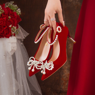 中式秀禾服婚鞋新娘鞋，2023蝴蝶结高级感红色尖头高跟鞋女单鞋
