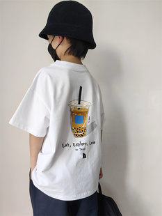 24春夏 日系潮牌美食插画奶茶印花白色宽松短袖袖T恤