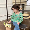 韩版童装女童绿色碎花衬衫2023夏季小方领甜美气质打揽娃娃衫