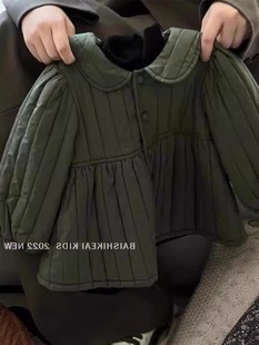女童冬装棉服2023儿童，韩系洋气墨绿色，娃娃领棉衣宝宝加厚外套