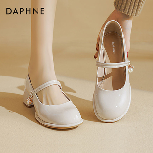 达芙妮法式玛丽珍女鞋小皮鞋，2024夏季白色，高跟凉鞋女厚底单鞋