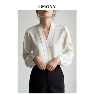 limonn职场气质衬衫女高级感别致漂亮小衫通勤v领长袖衬衫女面试