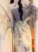 新中式国风穿搭一整套禅意，碎花吊带连衣裙女夏季2024气质长裙套装