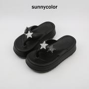 sunnycolor2024五角星人字拖，女夏松糕厚底外穿时尚，沙滩凉拖鞋