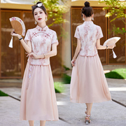 2024夏季新中式国风旗袍套装裙，年轻款少女，复古流行时尚两件套裙子