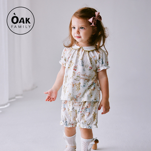 oakfamily女童短袖家居服，套装夏季宝宝纯棉翻领，上衣裤子两件套