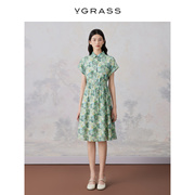 vgrass中式真丝棉混纺，气质连衣裙女夏季复古花卉vsl2o22970