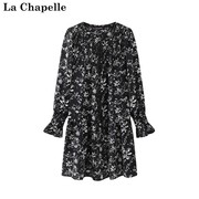 拉夏贝尔/La Chapelle碎花雪纺黑色长袖连衣裙女圆领系带A字长裙