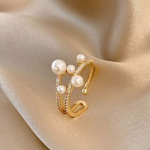日式镶钻珍珠开口戒指女轻奢小众设计高级感食指戒网红指环