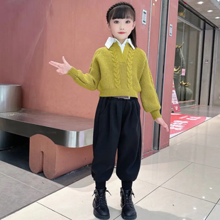 女童洋气假两件polo领设计感麻花针织毛衣时尚，哈伦裤秋冬韩版套装